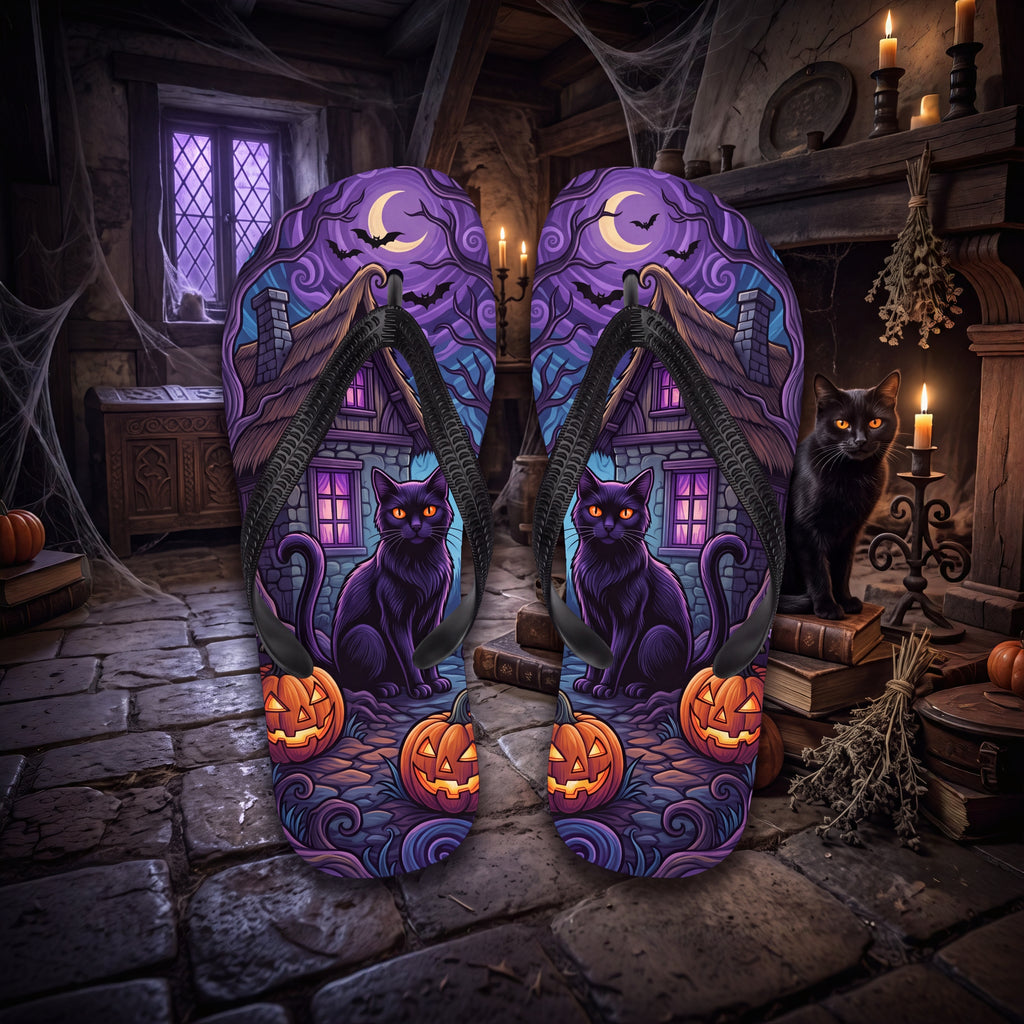 Black Cat Halloween Flip Flops | Purple Haunted Cottage Pumpkin Sandals