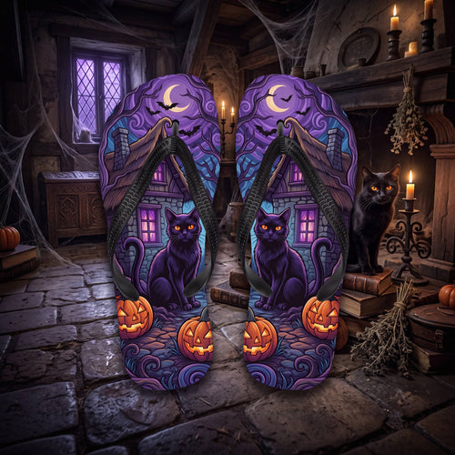 SUBLIMATION Black Cat Halloween Flip Flops | Purple Haunted Cottage Pumpkin Sandals