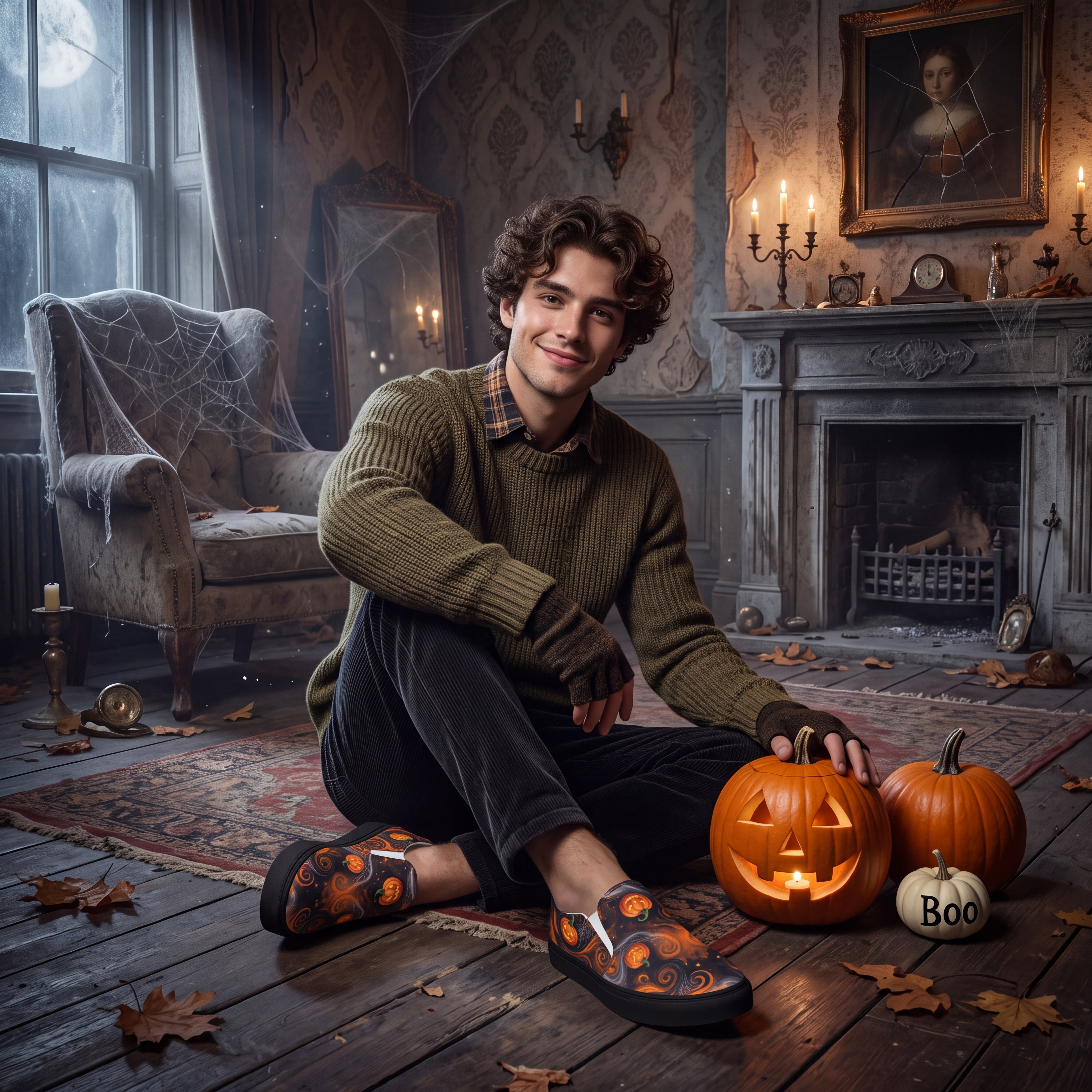 Men’s Halloween Pumpkin Slip-On Shoes | Black and Orange Jack-O’-Lantern Canvas Sneakers