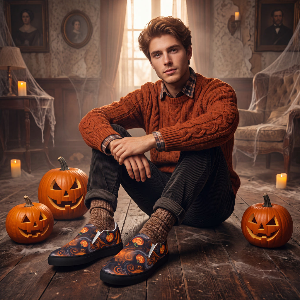 Men’s Halloween Pumpkin Slip-On Shoes | Black and Orange Jack-O’-Lantern Canvas Sneakers