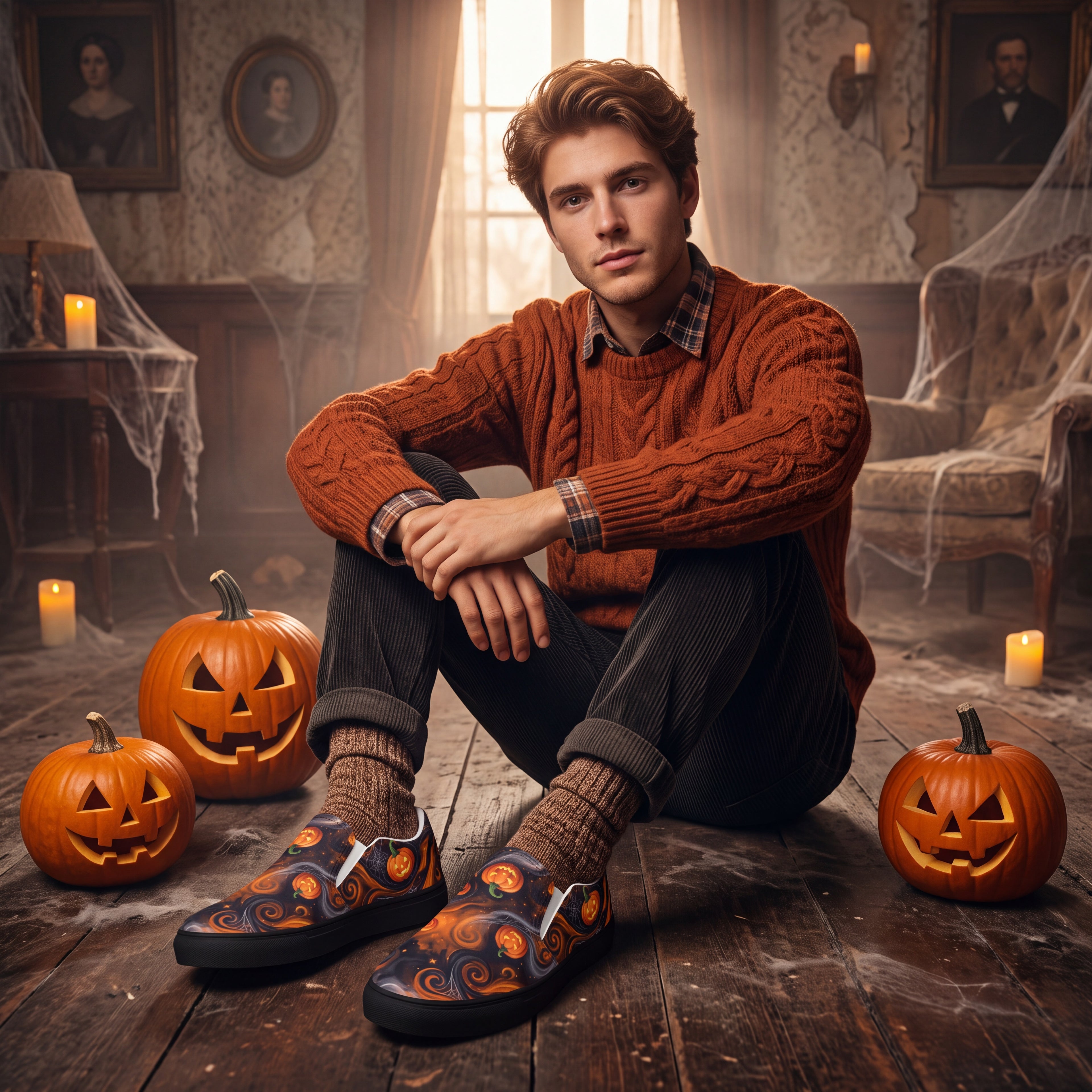 Men’s Halloween Pumpkin Slip-On Shoes | Black and Orange Jack-O’-Lantern Canvas Sneakers