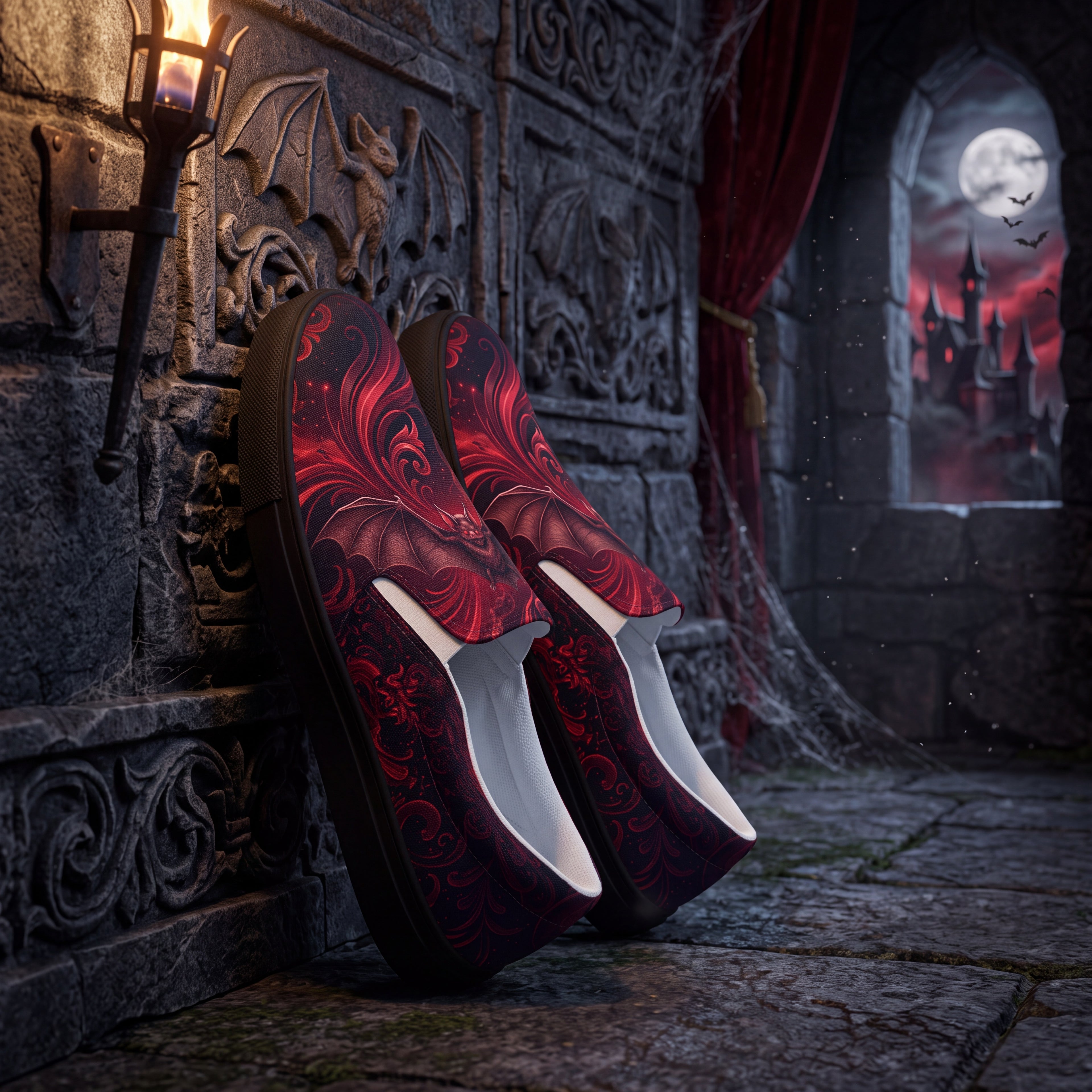 Vampire Bat Slip-On Shoes | Gothic Black and Crimson Canvas Sneakers