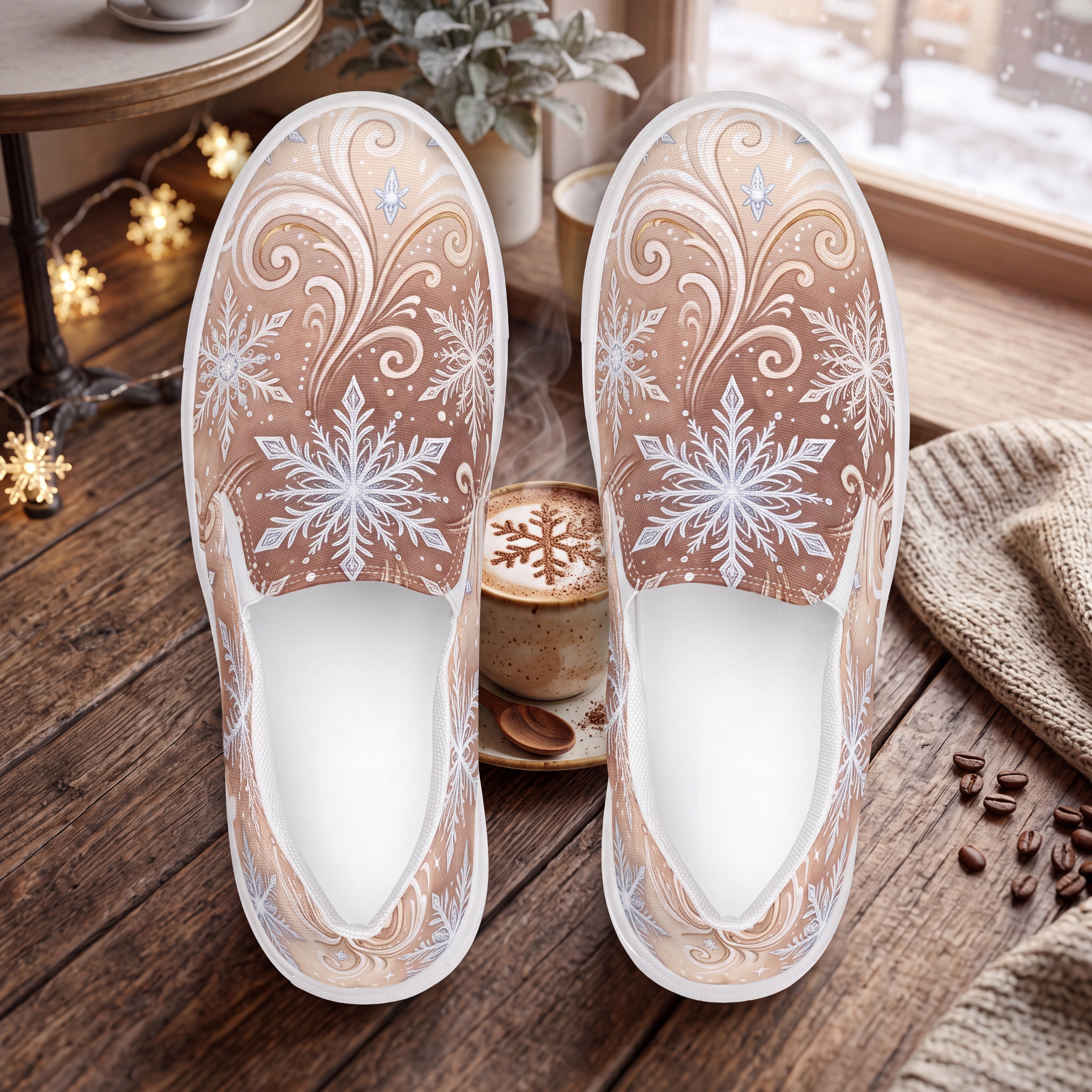 Women’s Frosted Mocha Snowflake Slip-On Shoes | Winter Canvas Sneakers