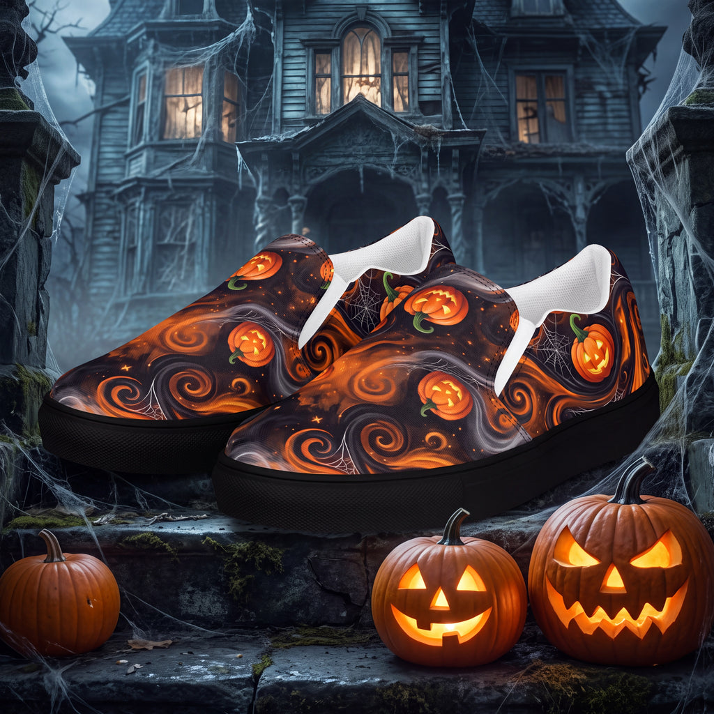 Women's Halloween Pumpkin Slip-On Shoes | Black and Orange Jack-O’-Lantern Canvas Sneakers