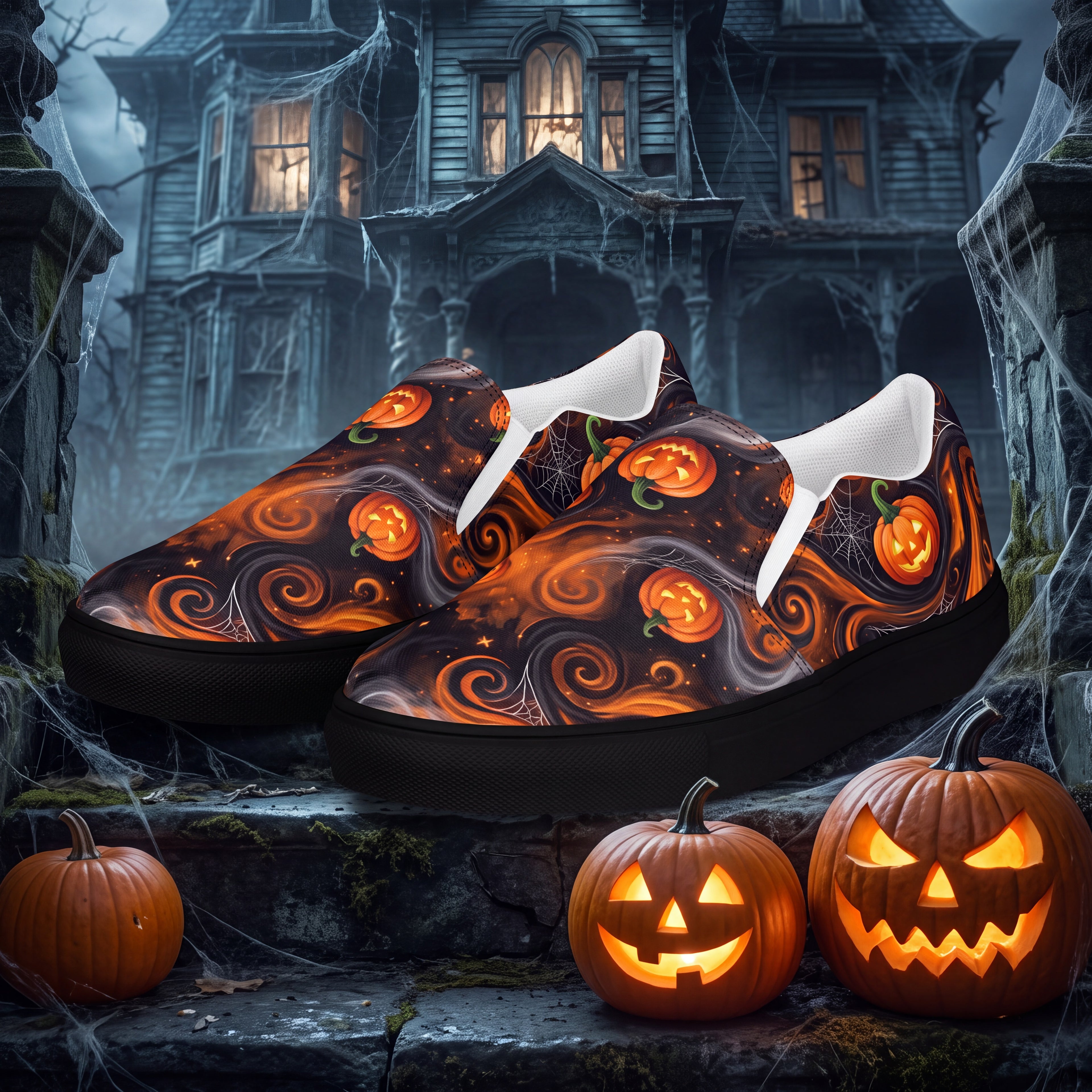 Women's Halloween Pumpkin Slip-On Shoes | Black and Orange Jack-O’-Lantern Canvas Sneakers
