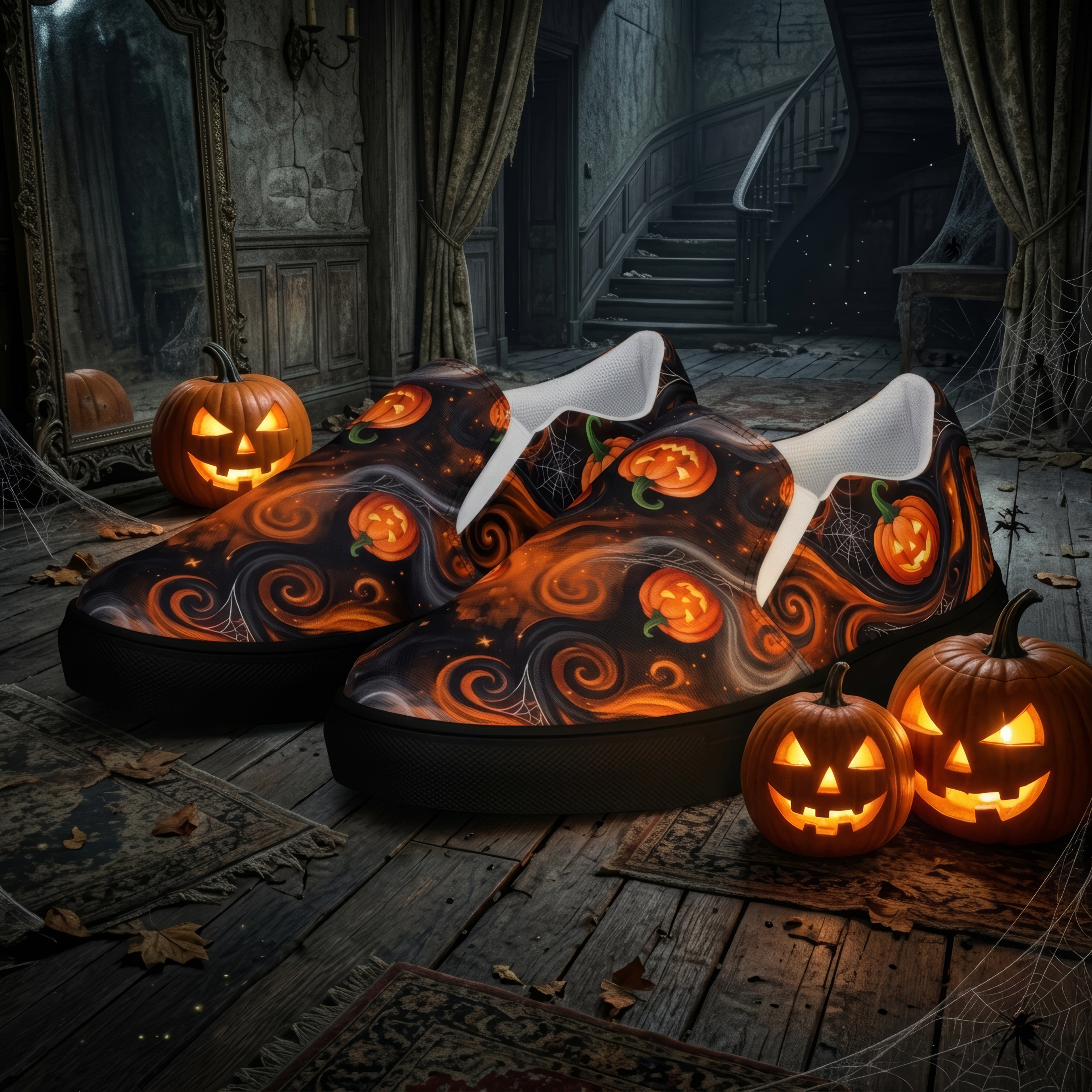 Women's Halloween Pumpkin Slip-On Shoes | Black and Orange Jack-O’-Lantern Canvas Sneakers