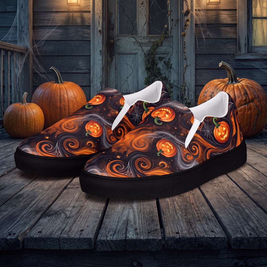 Men’s Halloween Pumpkin Slip-On Shoes | Black and Orange Jack-O’-Lantern Canvas Sneakers