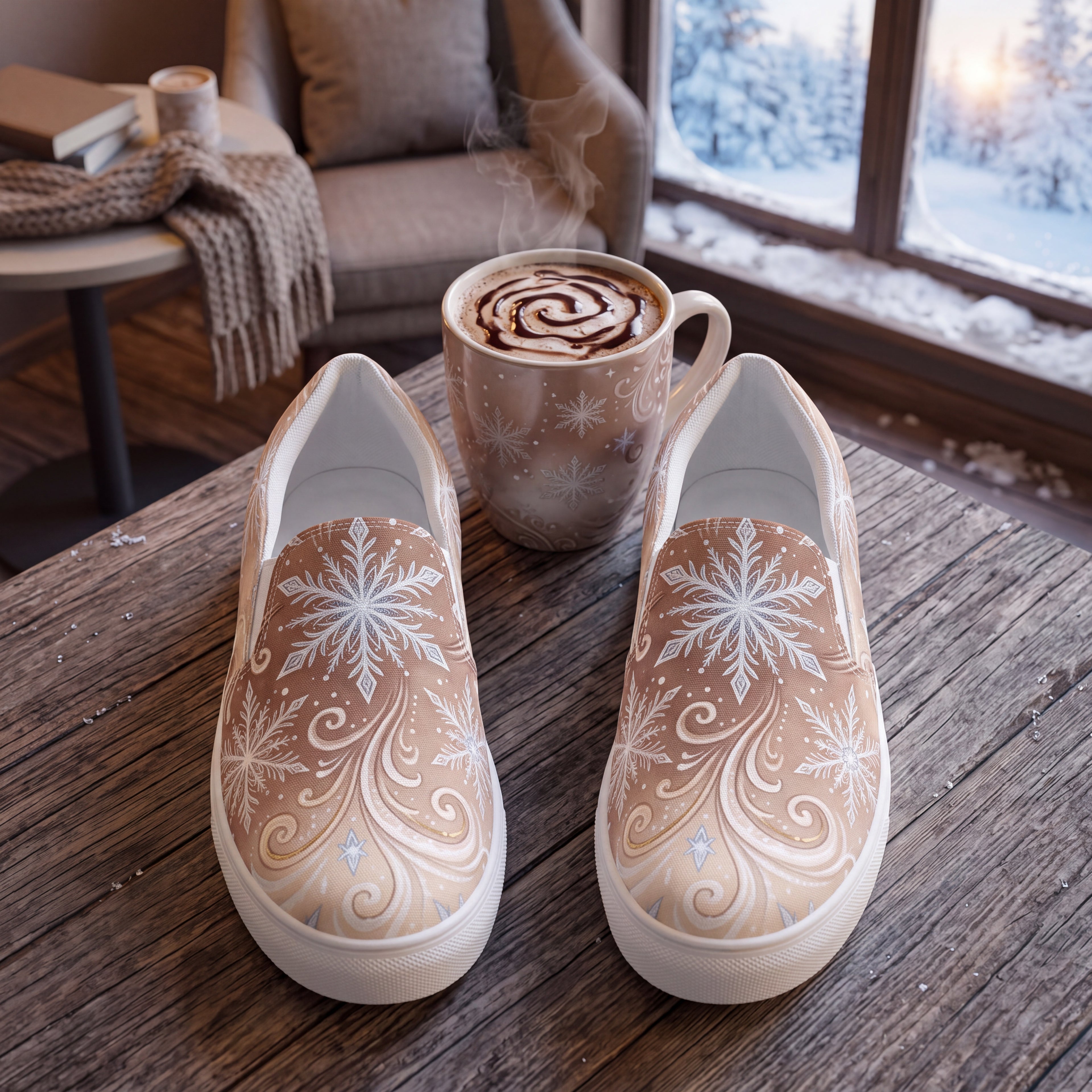 Women’s Frosted Mocha Snowflake Slip-On Shoes | Winter Canvas Sneakers