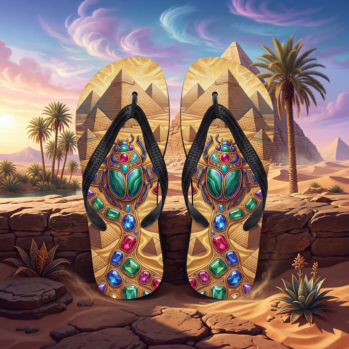 Egyptian Scarab Flip Flops | Jeweled Ancient Egypt Pyramid Sandals