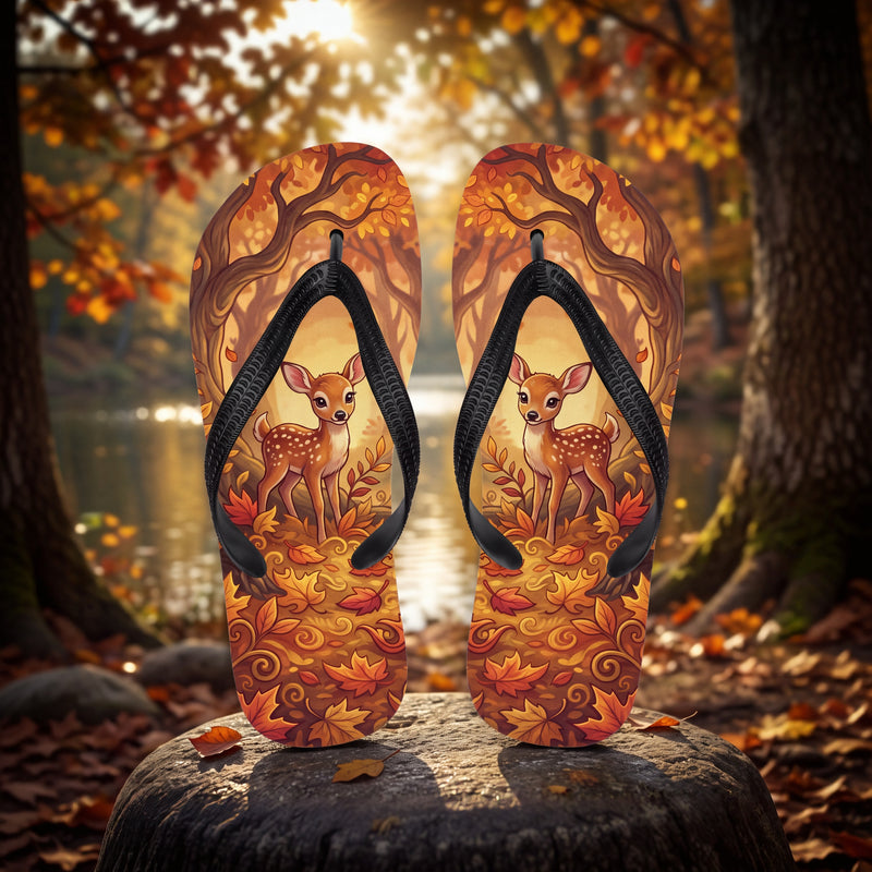 Autumn Fawn Flip Flops | Cute Woodland Deer Fall Forest Sandals