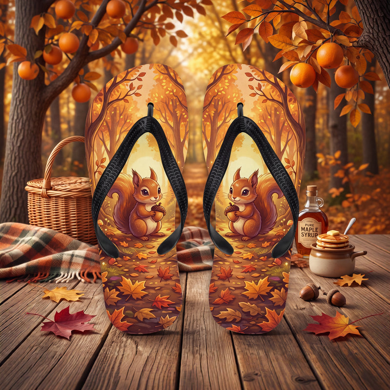Autumn Squirrel Flip Flops | Acorn Woodland Fall Forest Sandals