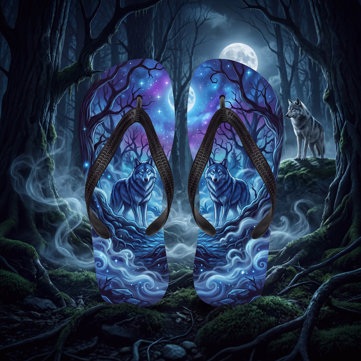Moonlit Wolf Flip Flops | Blue Fantasy Forest Sandals