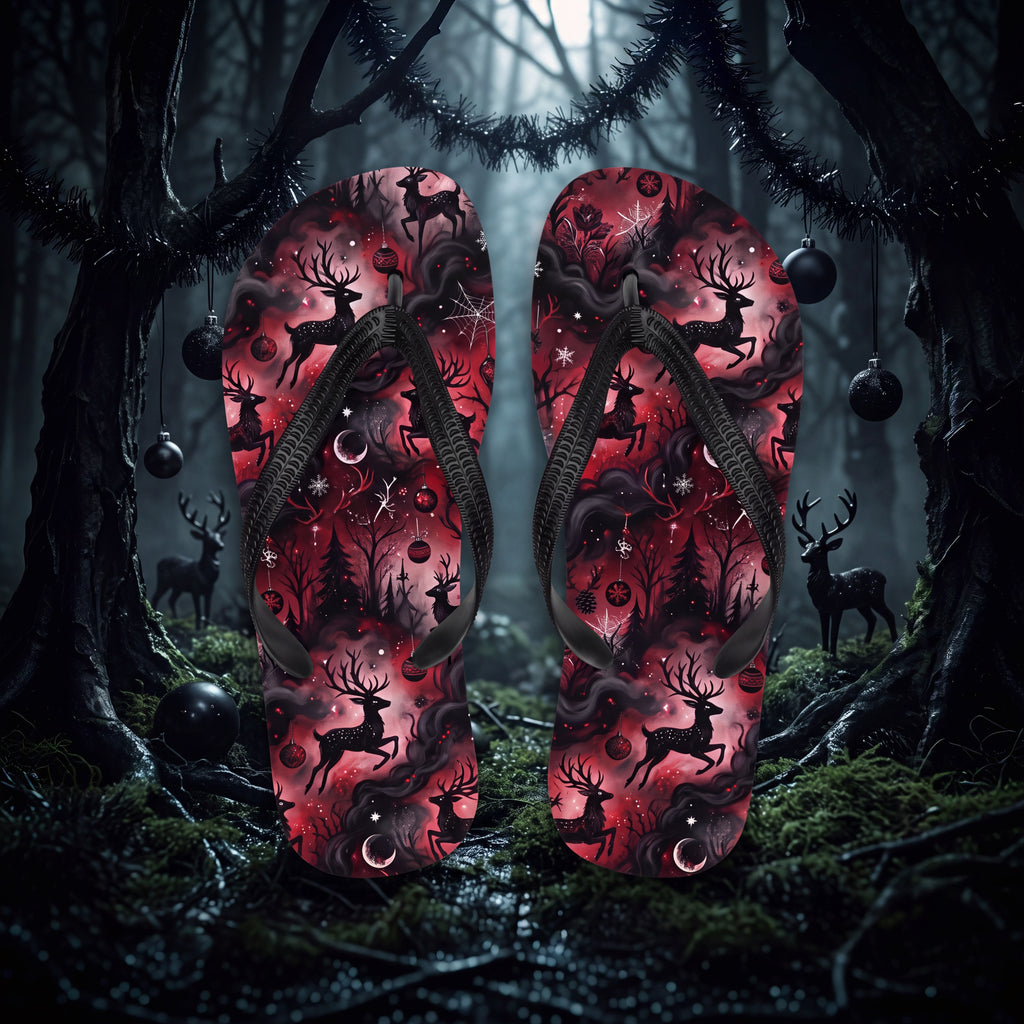 Gothic Christmas Reindeer Flip Flops | Red & Black Gothmas Holiday Sandals