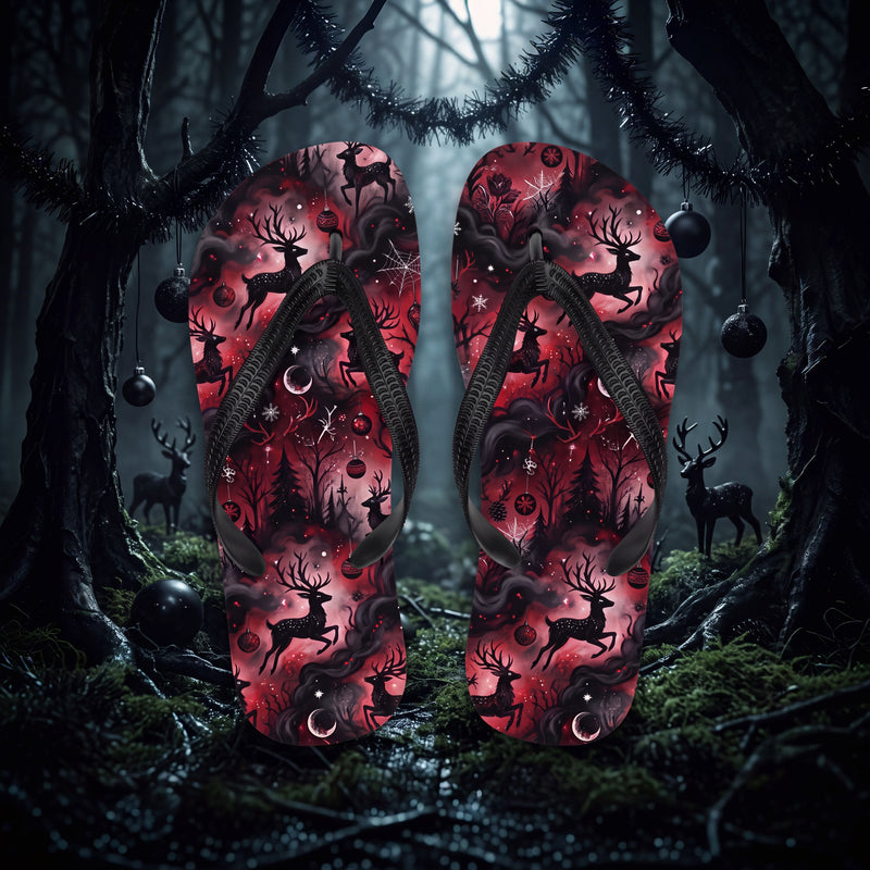 Gothic Christmas Reindeer Flip Flops | Red & Black Gothmas Holiday Sandals