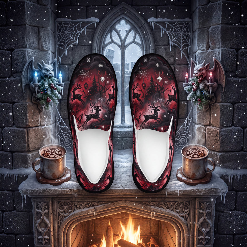 Women’s Gothic Christmas Reindeer Slip-On Shoes | Red & Black Gothmas Canvas Sneakers