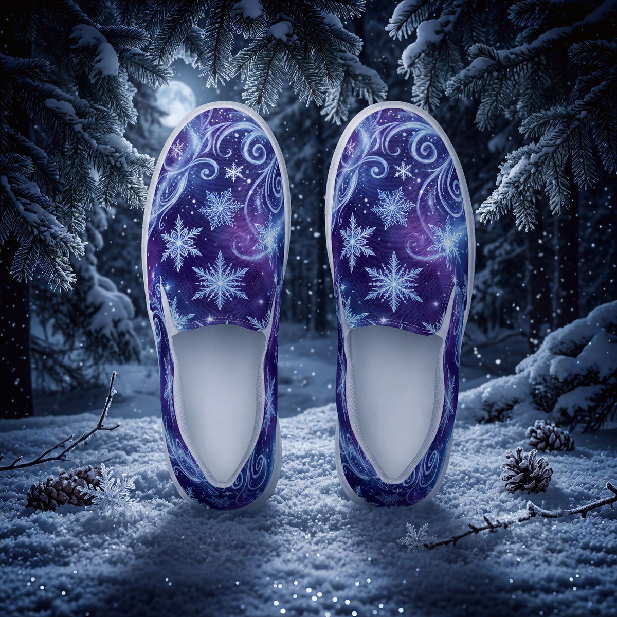 Women’s Winter Snowflake Slip-On Shoes – Purple Celestial Canvas Sneakers with Moon, Stars & Icy Swirls