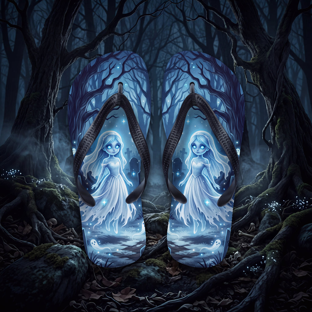 Ghost Girl Flip Flops | Haunted Graveyard Blue Halloween Sandals