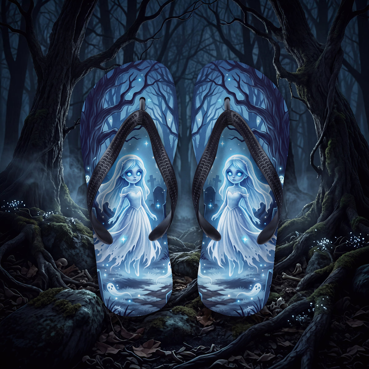 Ghost Girl Flip Flops | Haunted Graveyard Blue Halloween Sandals