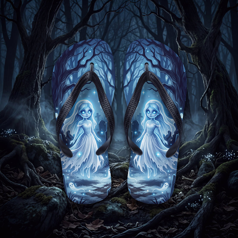 Ghost Girl Flip Flops | Haunted Graveyard Blue Halloween Sandals