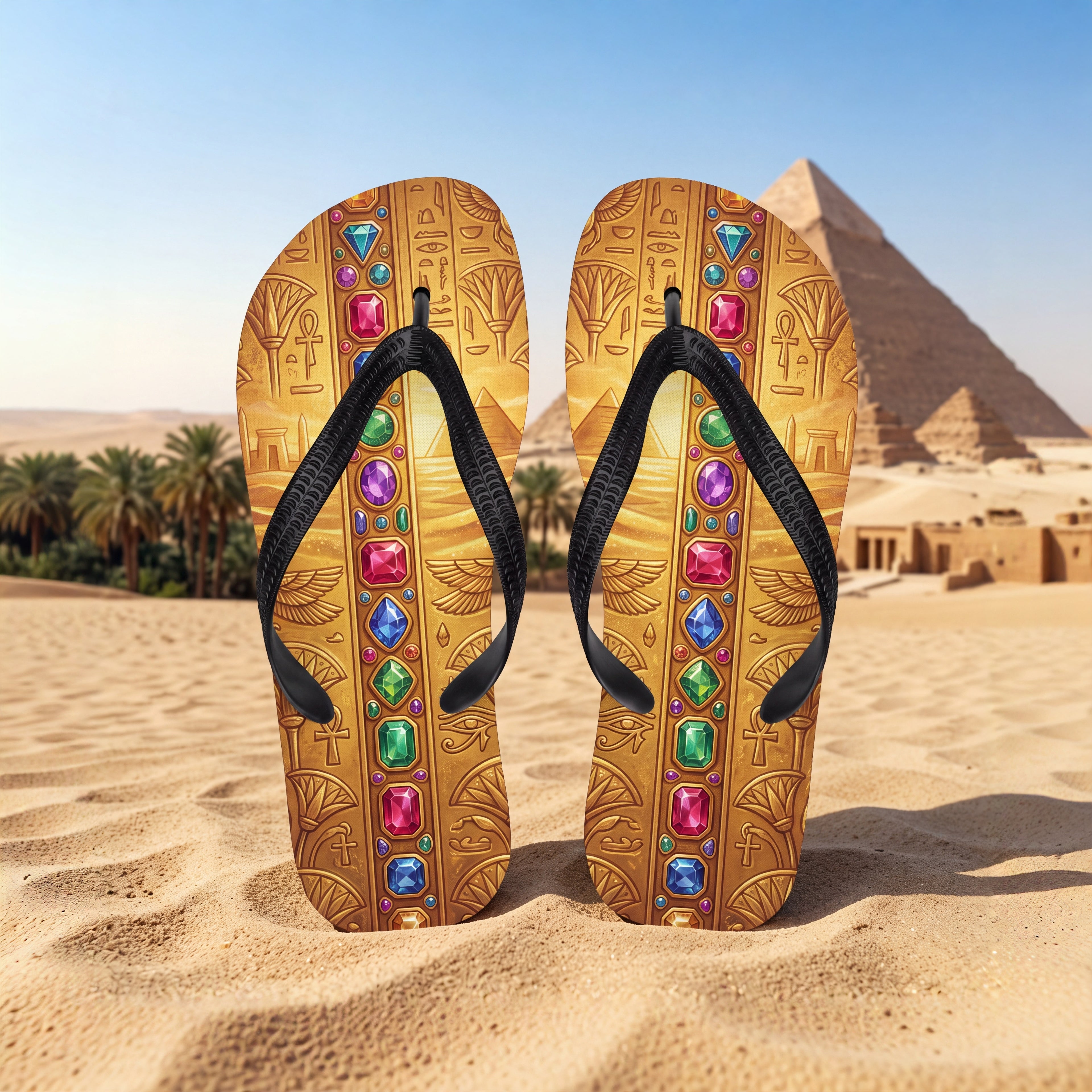 Ancient Egyptian Royalty Flip Flops | Gold Hieroglyph & Gem Sandals