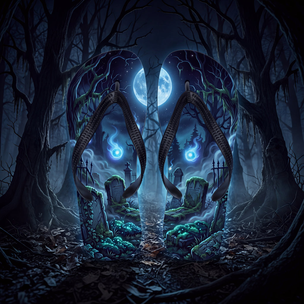 Will-o’-Wisp Flip Flops | Moonlit Haunted Graveyard Ghost Light Sandals
