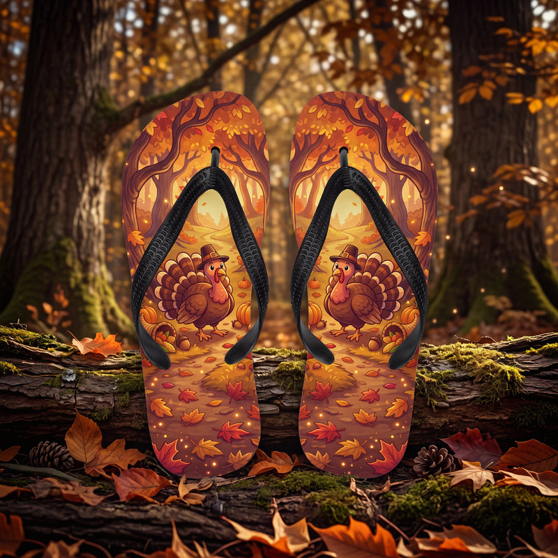 Thanksgiving Turkey Flip Flops | Autumn Harvest Cornucopia Sandals