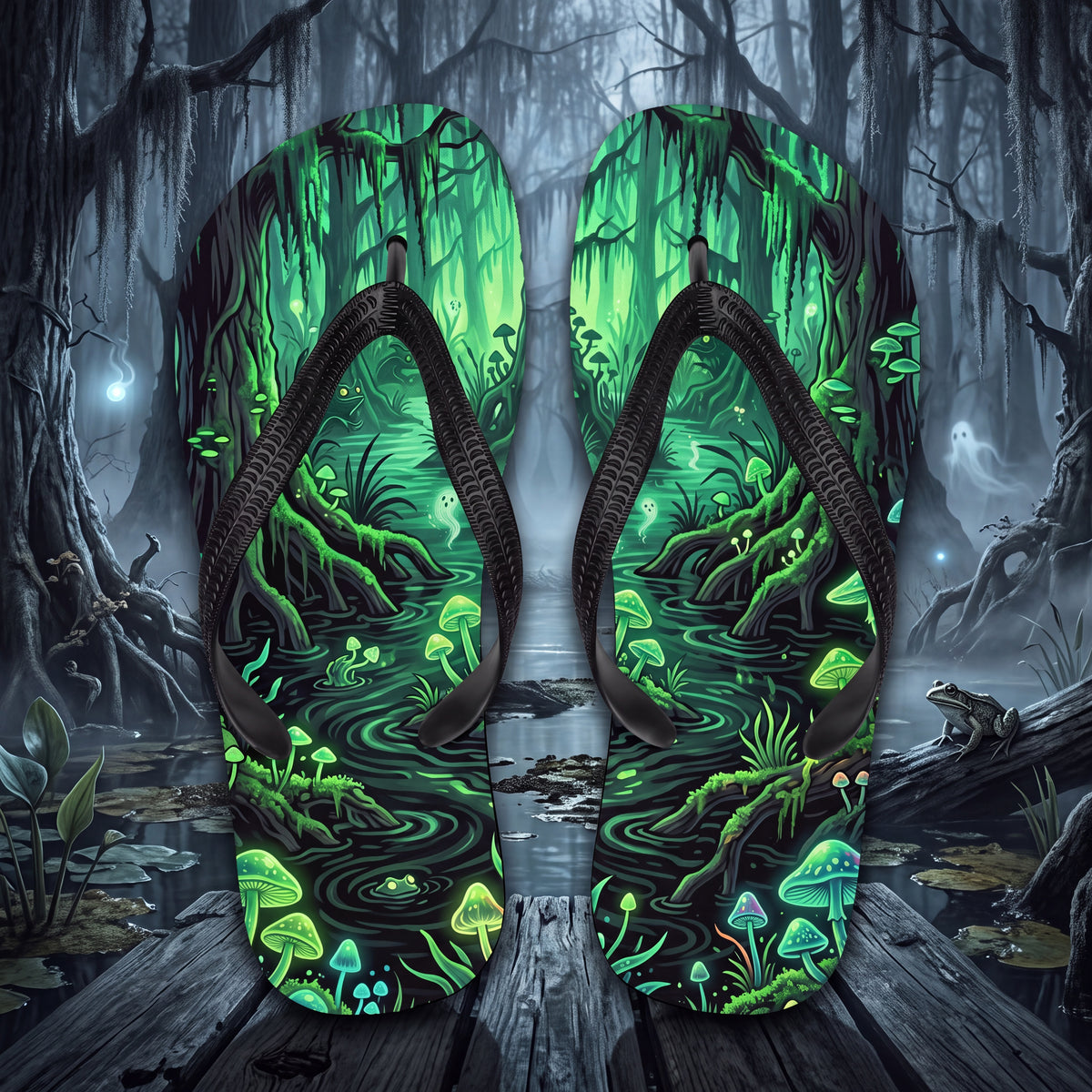 Haunted Swamp Flip Flops | Glowing Mushroom Dark Fantasy Sandals