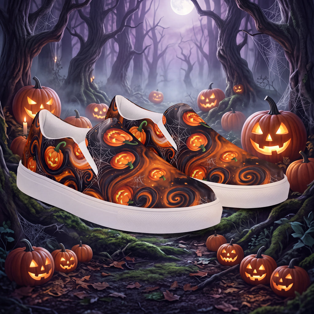 Women's Halloween Pumpkin Slip-On Shoes | Black and Orange Jack-O’-Lantern Canvas Sneakers