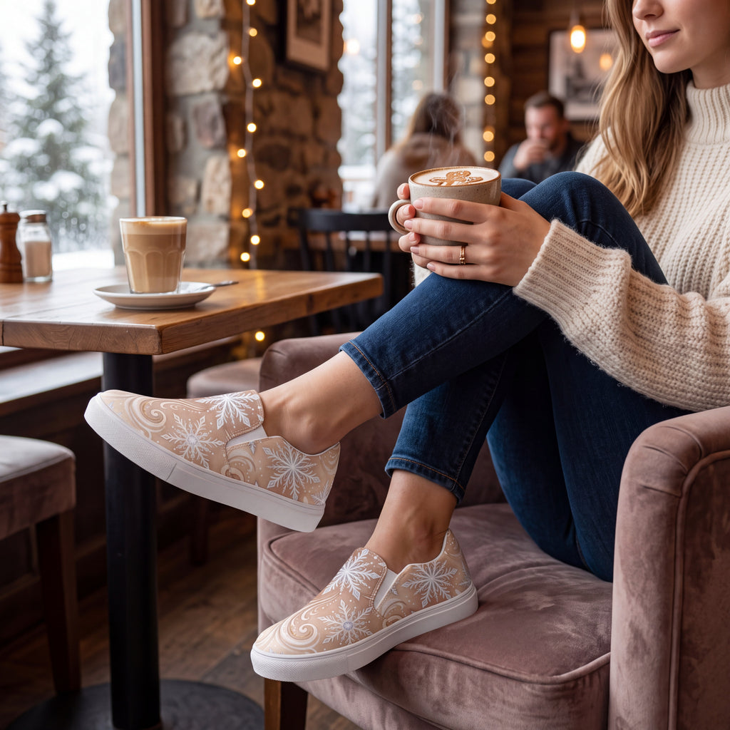 Women’s Frosted Mocha Snowflake Slip-On Shoes | Winter Canvas Sneakers