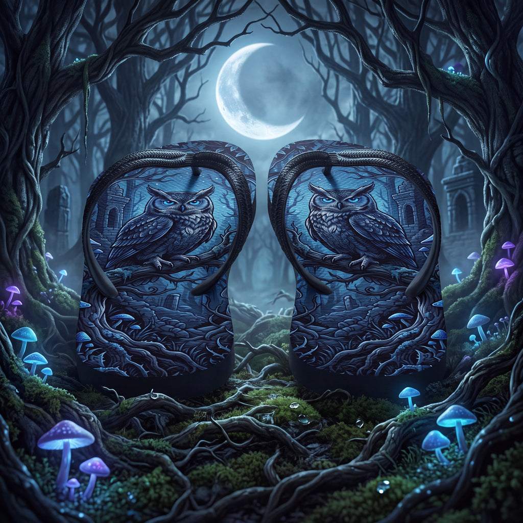 Owl Flip Flops, Moonlit Forest Gothic Fantasy Sandals