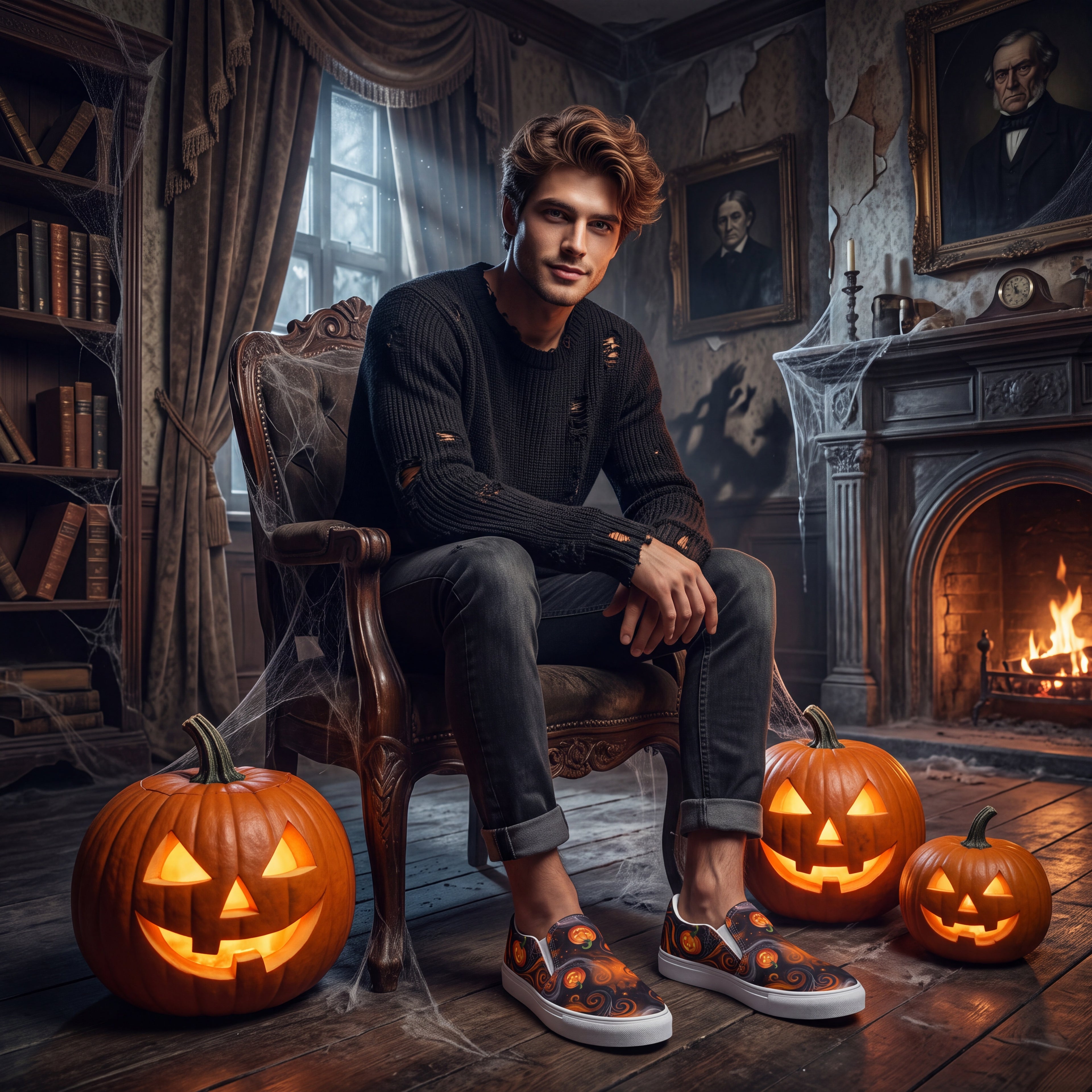 Men’s Halloween Pumpkin Slip-On Shoes | Black and Orange Jack-O’-Lantern Canvas Sneakers
