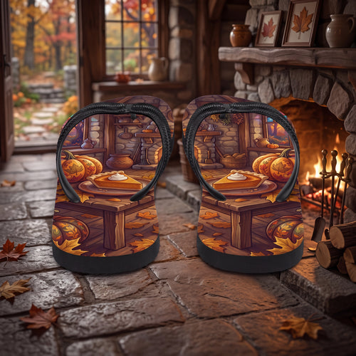 Cozy Fall Cottage Flip Flops | Pumpkin Pie Autumn Kitchen Sandals