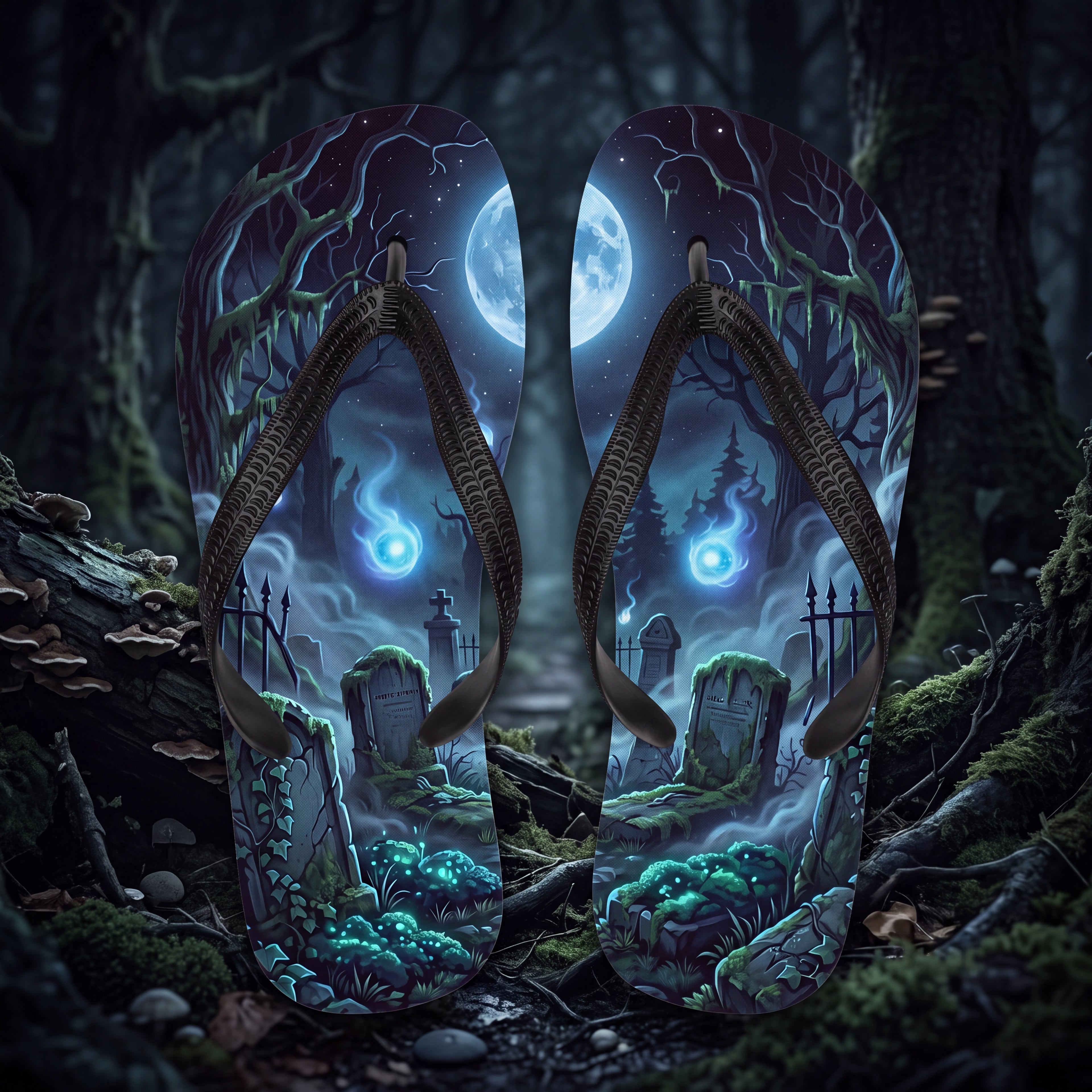 Will-o’-Wisp Flip Flops | Moonlit Haunted Graveyard Ghost Light Sandals