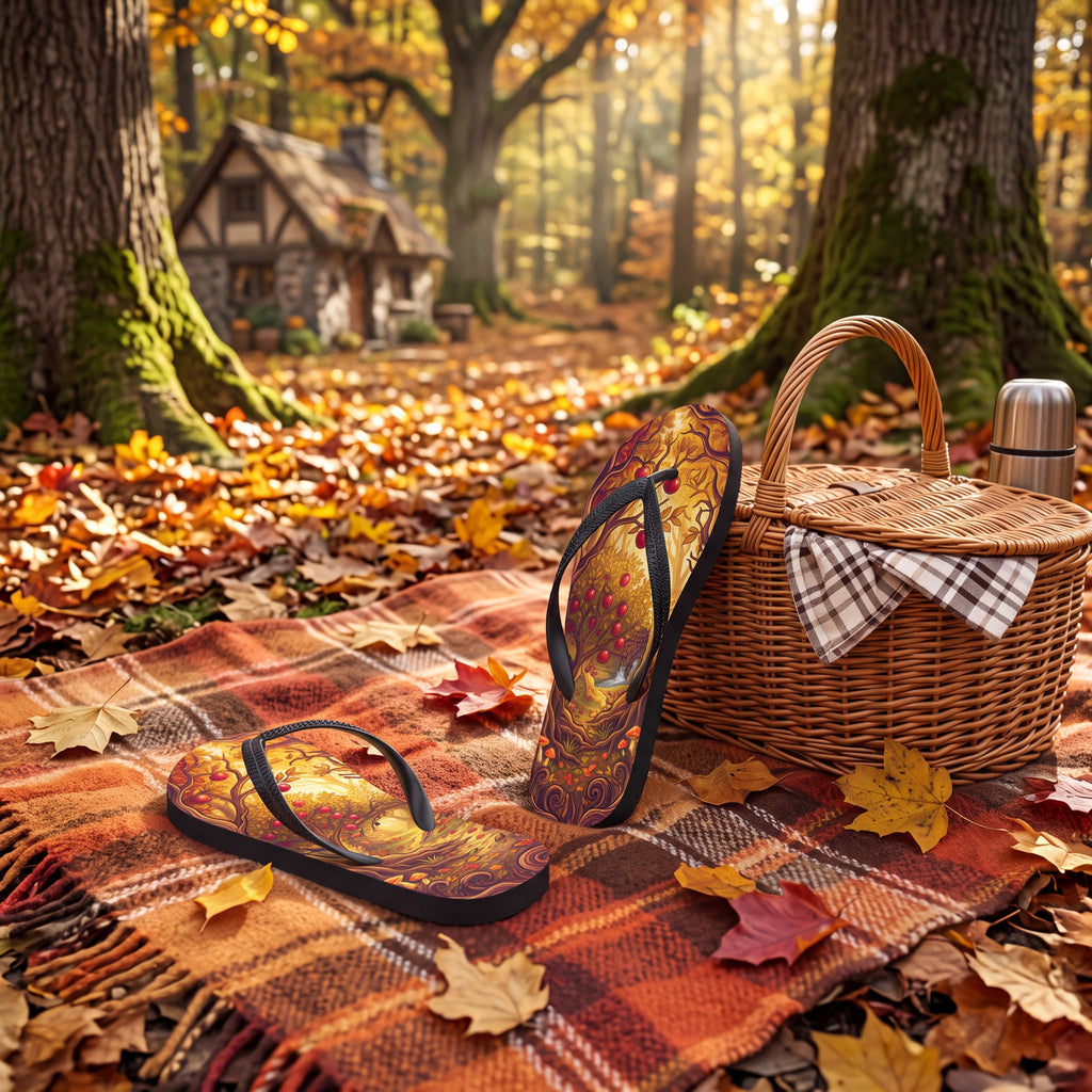 SUBLIMATION Fall Apple Orchard Flip Flops | Cozy Autumn Cider Mill Cottagecore Sandals