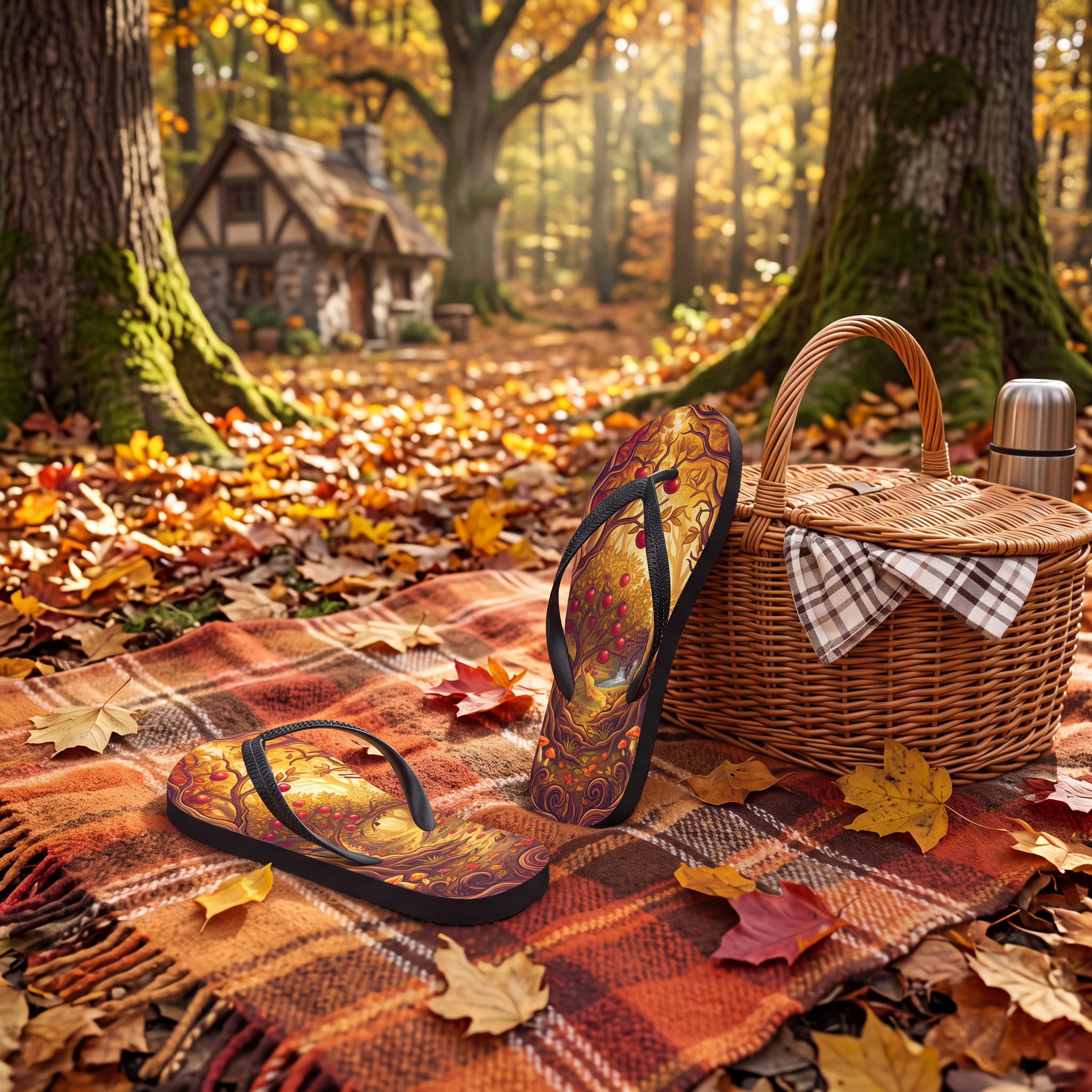 SUBLIMATION Fall Apple Orchard Flip Flops | Cozy Autumn Cider Mill Cottagecore Sandals