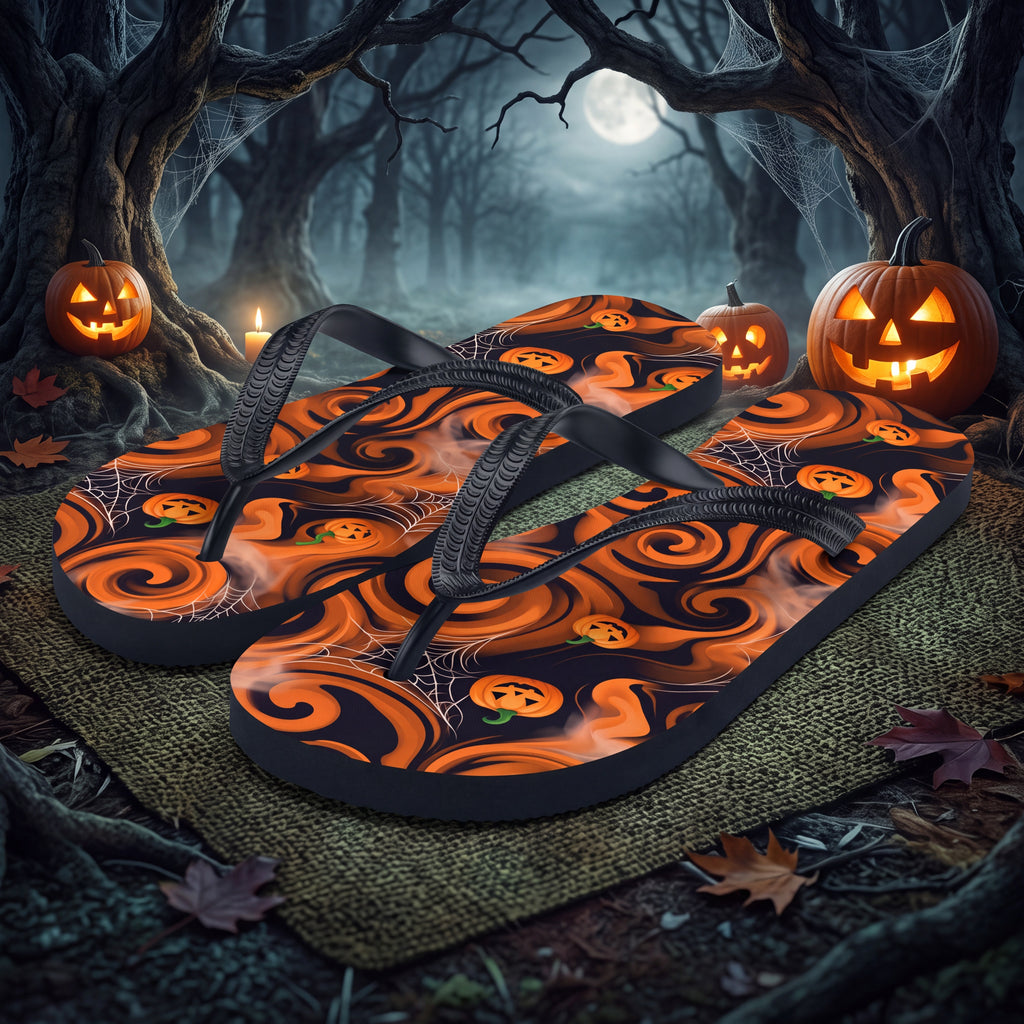 Halloween Pumpkin Flip Flops | Black and Orange Jack-O’-Lantern Sandals