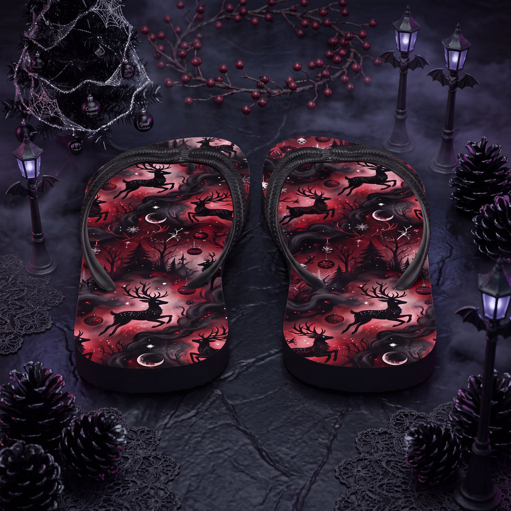 Gothic Christmas Reindeer Flip Flops | Red & Black Gothmas Holiday Sandals