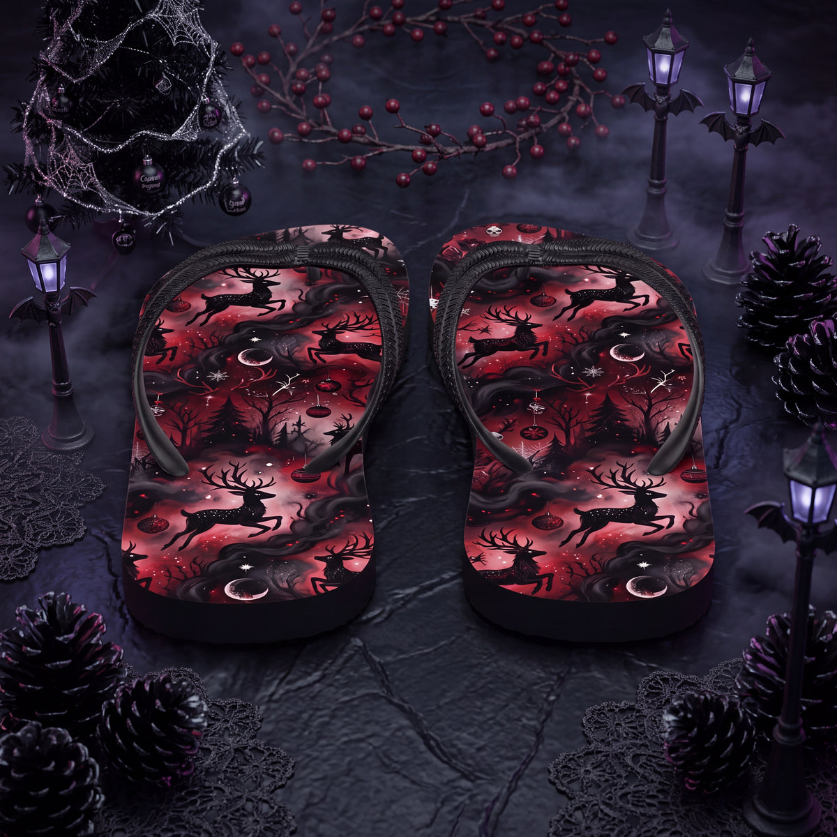 Gothic Christmas Reindeer Flip Flops | Red & Black Gothmas Holiday Sandals