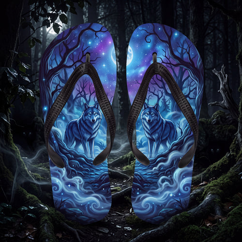 Moonlit Wolf Flip Flops | Blue Fantasy Forest Sandals