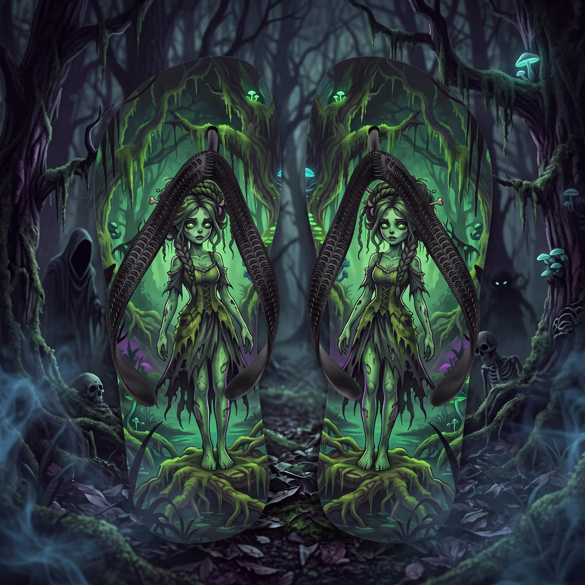 Zombie Swamp Flip Flops | Green Undead Girl Dark Fantasy Sandals