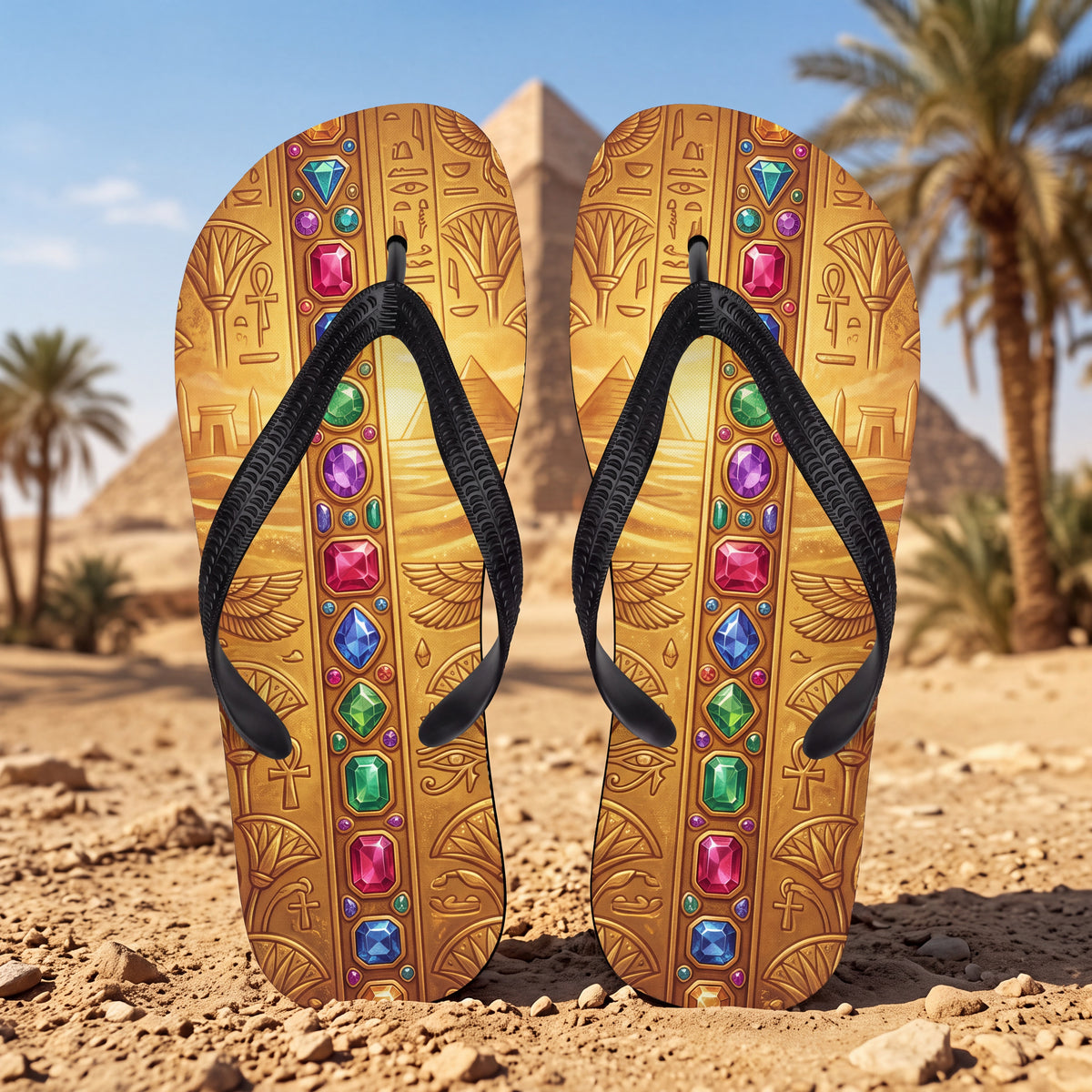 Ancient Egyptian Royalty Flip Flops | Gold Hieroglyph & Gem Sandals