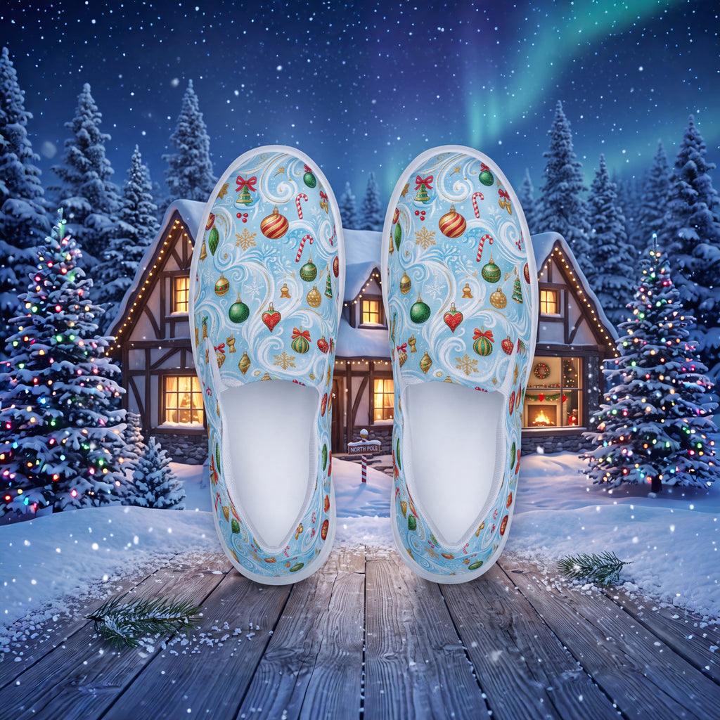 Women's Christmas Ornament Slip-On Shoes | Festive Blue Holiday Canvas Sneakers with Colorful Baubles & Snowflakes