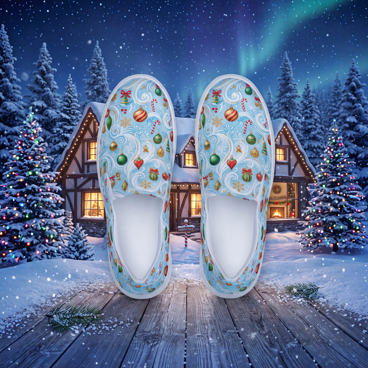 Women's Christmas Ornament Slip-On Shoes | Festive Blue Holiday Canvas Sneakers with Colorful Baubles & Snowflakes