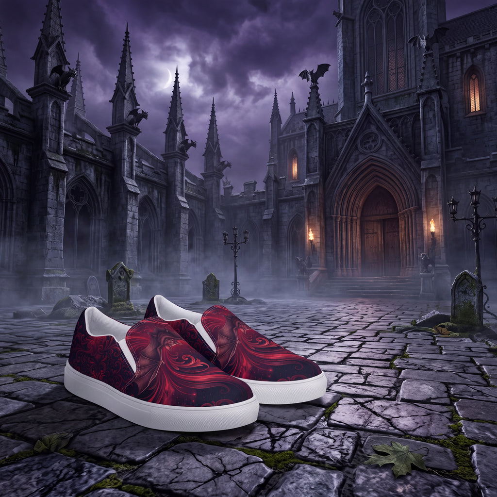 Vampire Bat Slip-On Shoes | Gothic Black and Crimson Canvas Sneakers