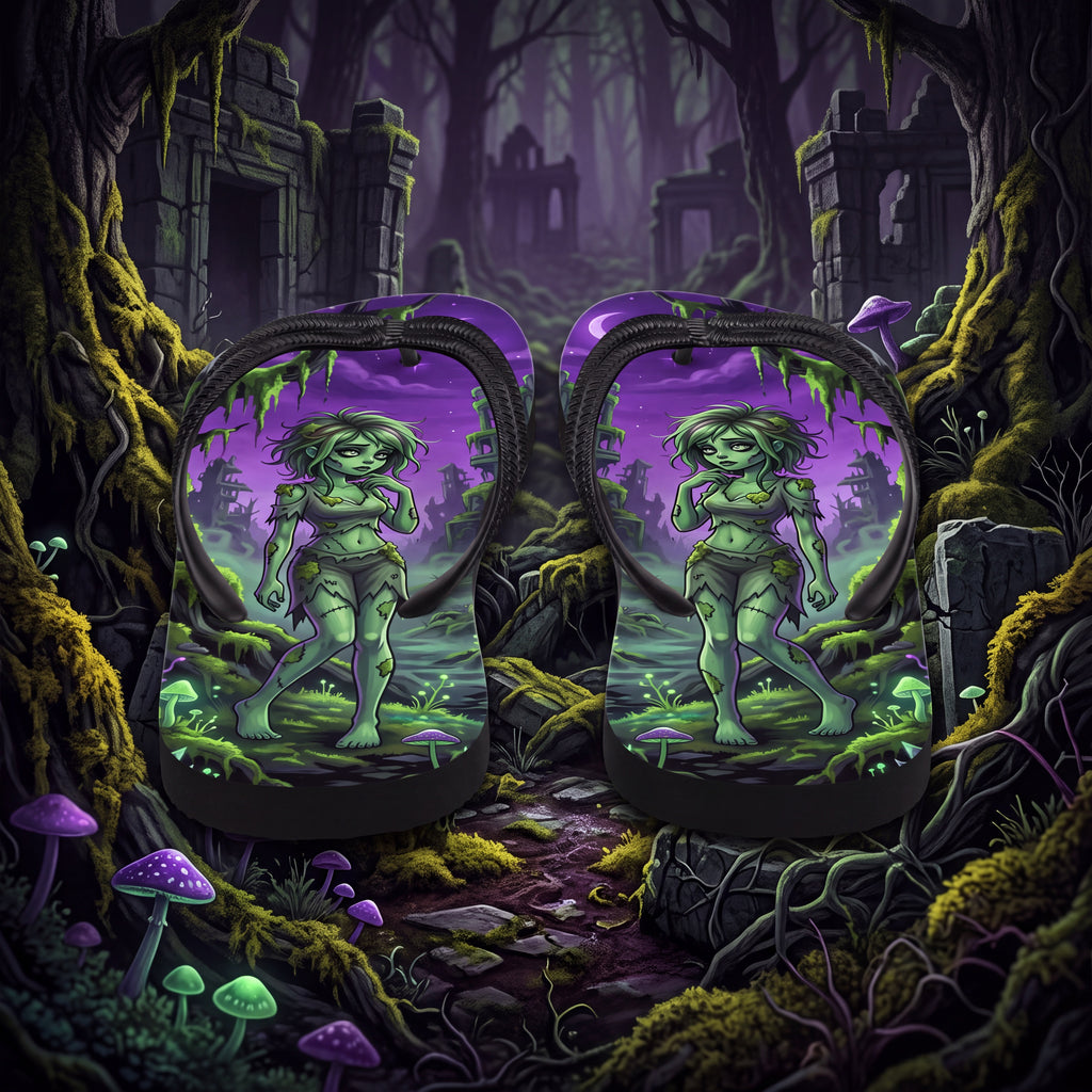 Zombie Ruins Flip Flops | Green Undead Girl Dark Fantasy Sandals