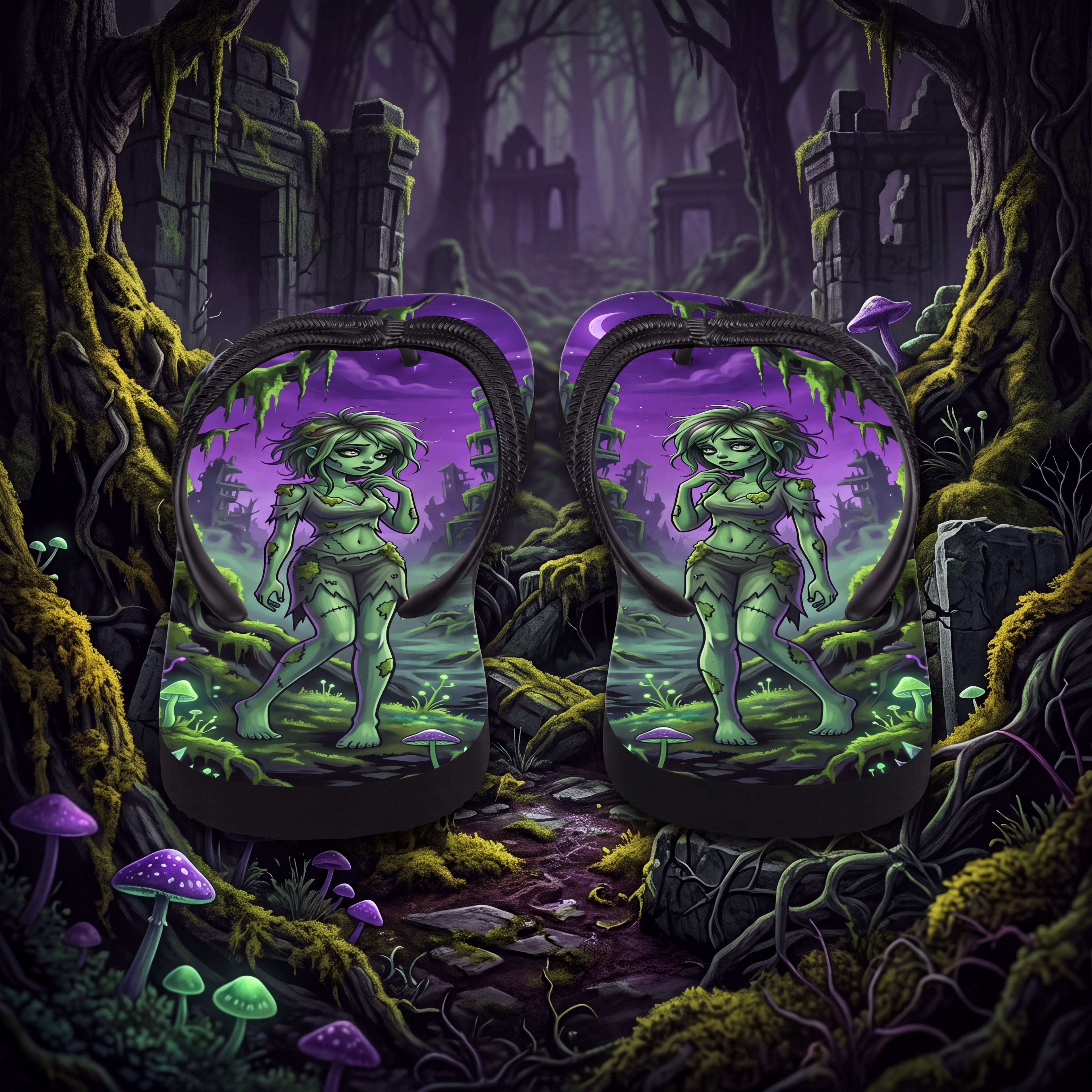 Zombie Ruins Flip Flops | Green Undead Girl Dark Fantasy Sandals