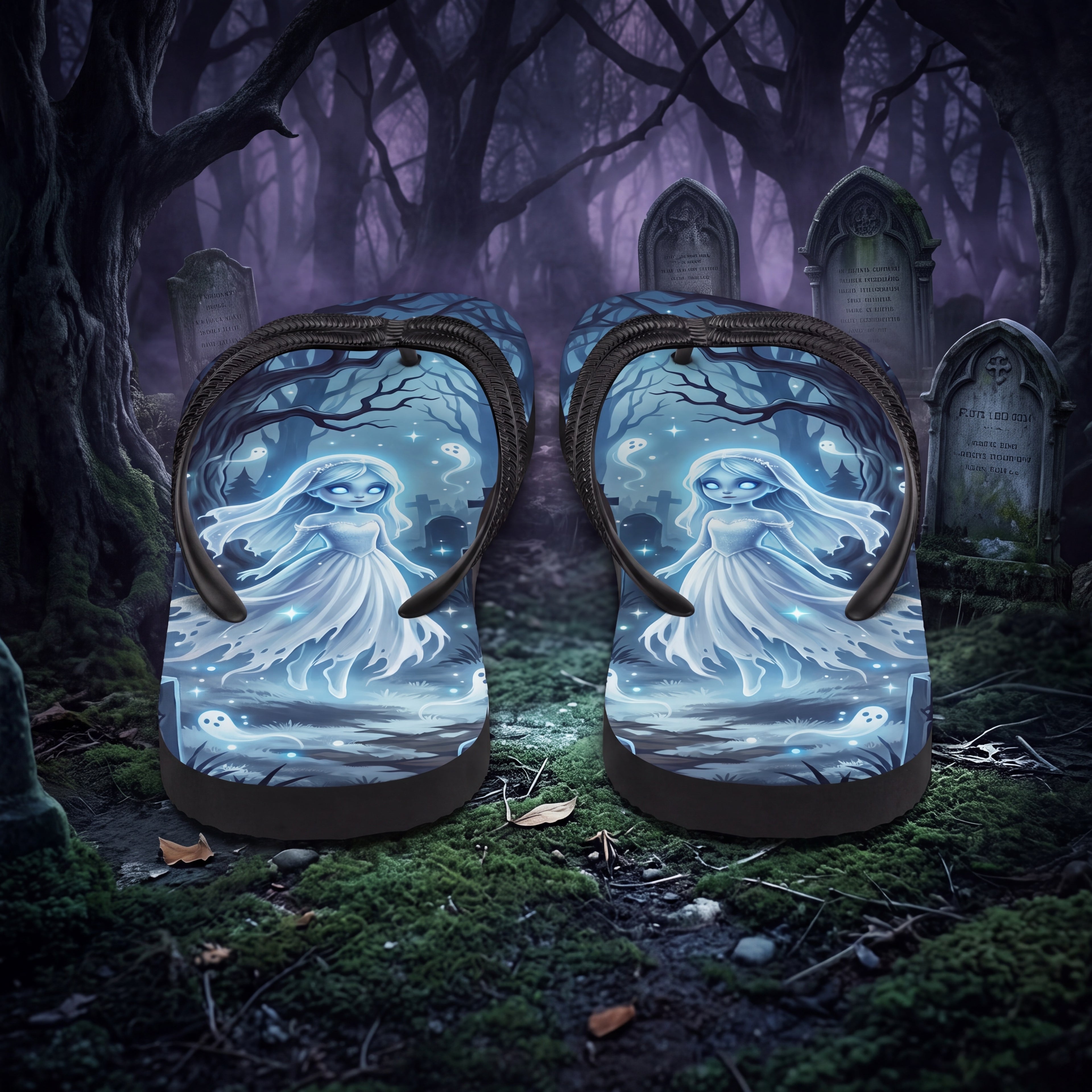 Ghost Girl Flip Flops | Haunted Graveyard Blue Halloween Sandals