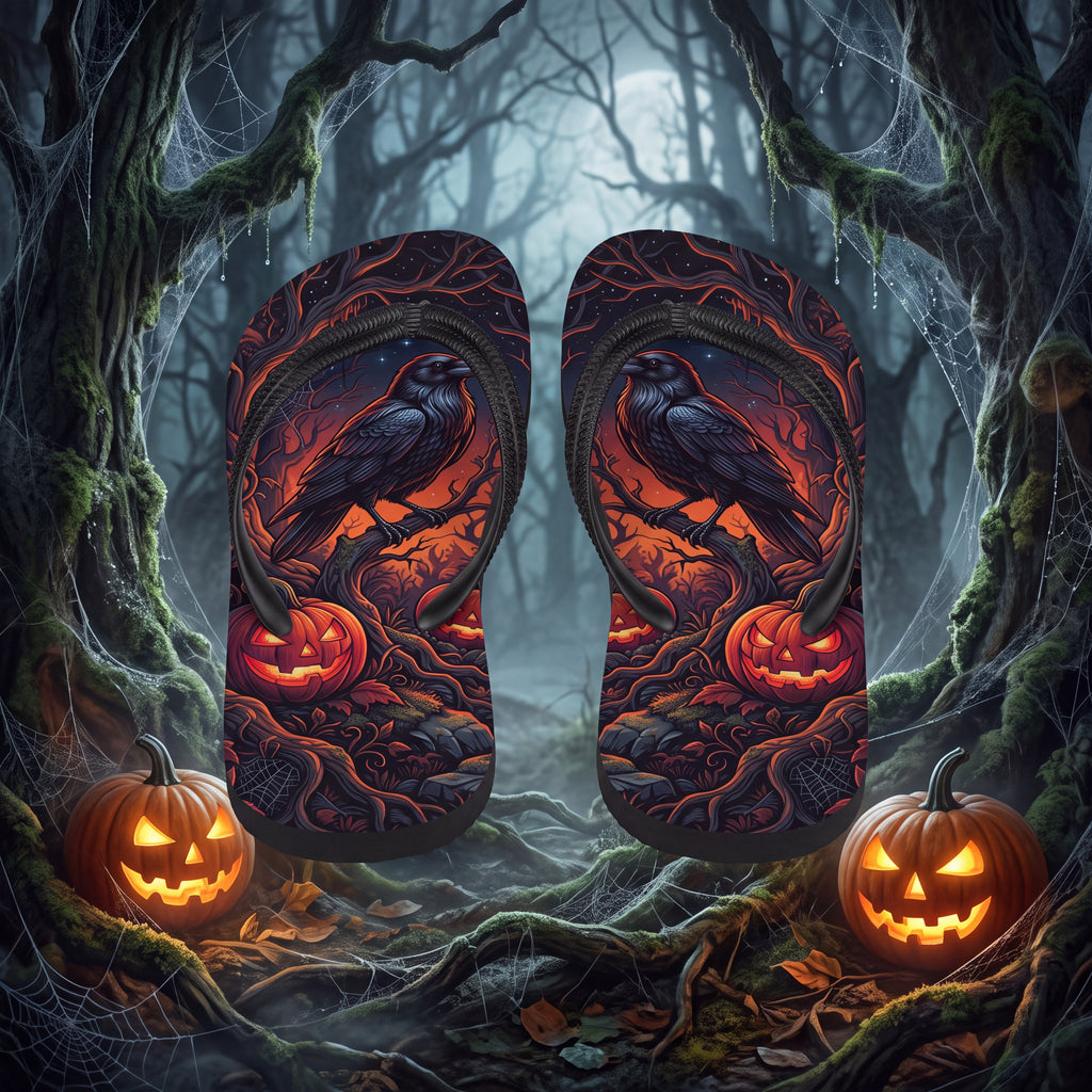 Raven Flip Flops | Gothic Halloween Jack-O’-Lantern Sandals