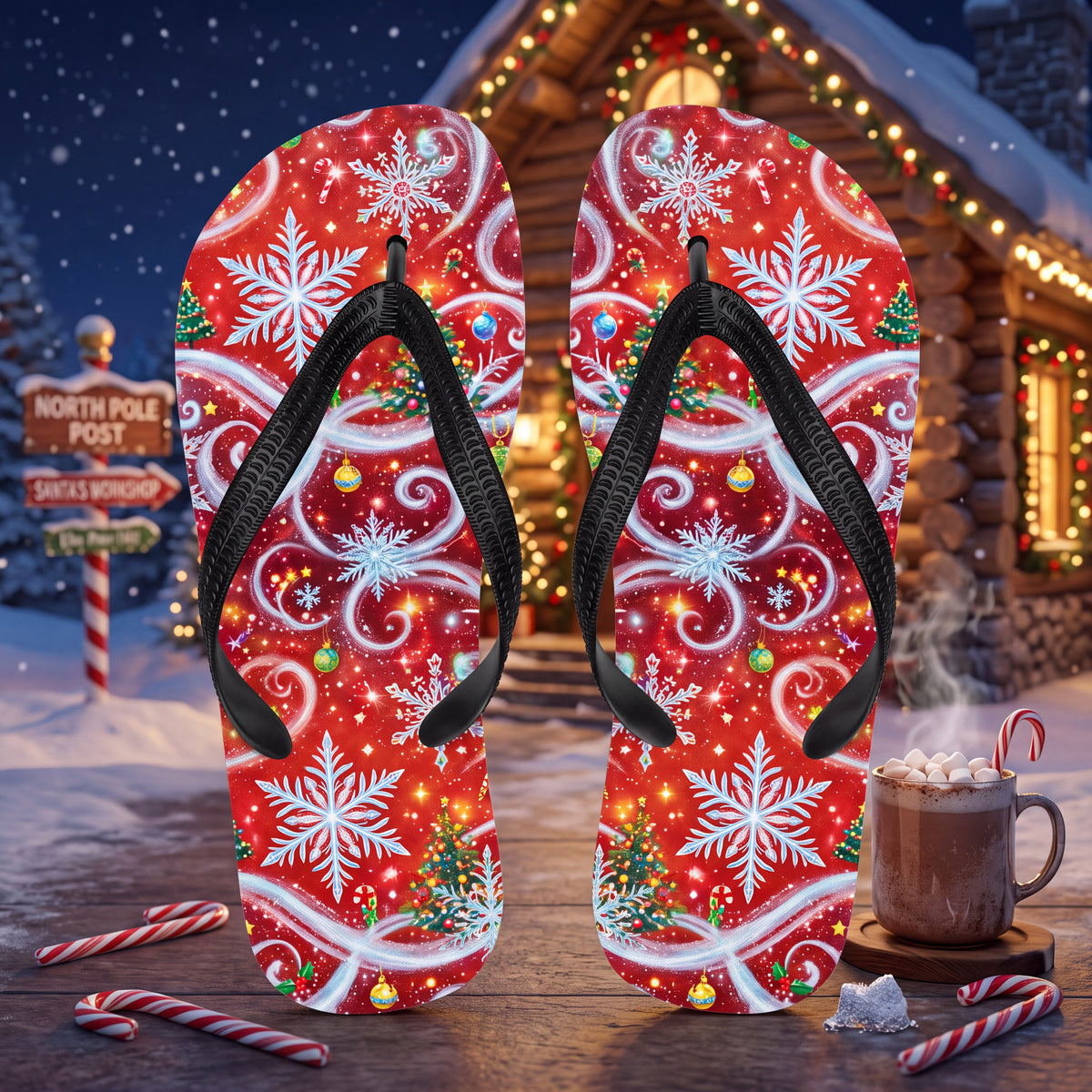 Christmas Snowflake Flip Flops | Red Festive Swirl Holiday Sandals