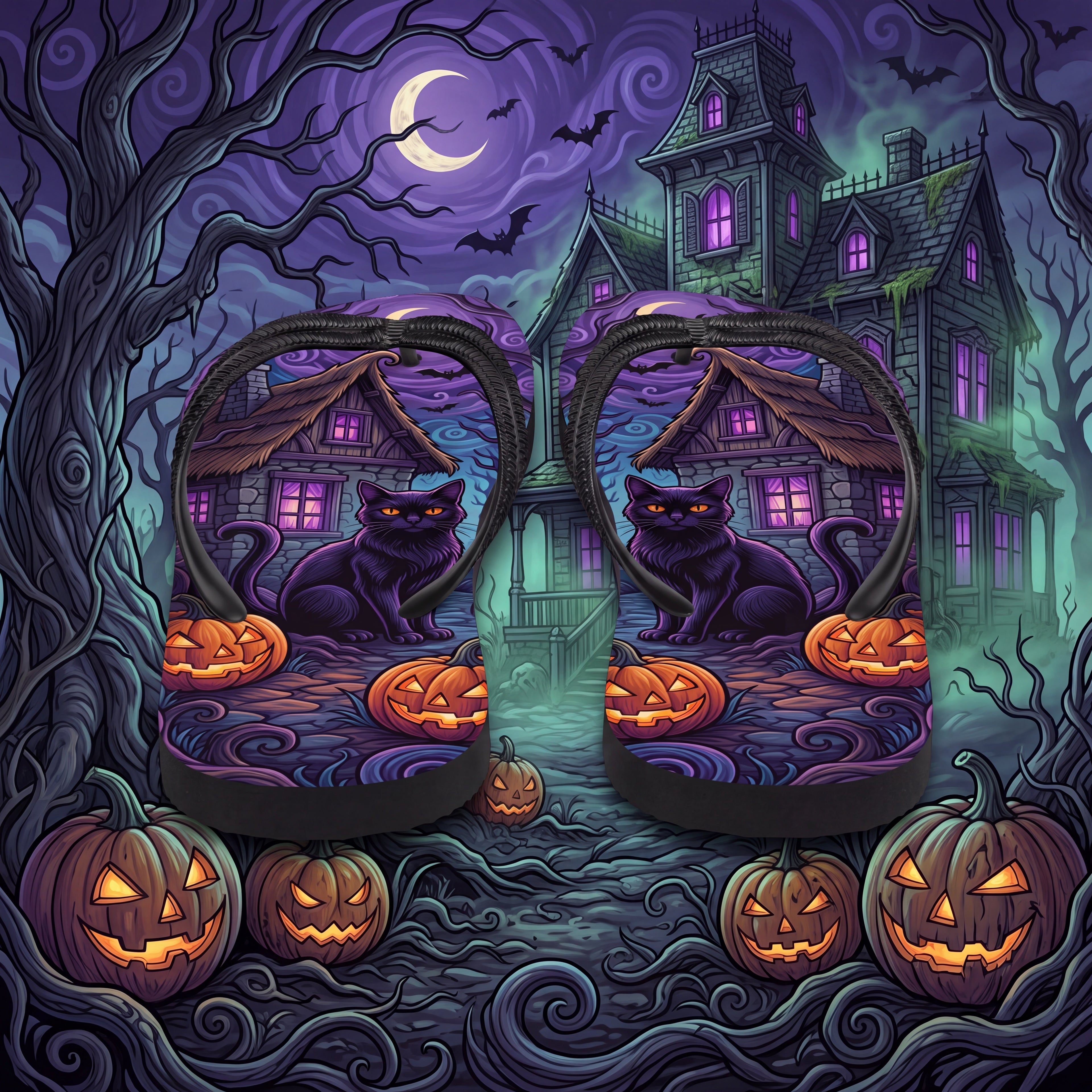 Black Cat Halloween Flip Flops | Purple Haunted Cottage Pumpkin Sandals